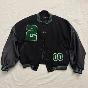 Boohoo Varsity Bomber Leather Sleeve Jacket